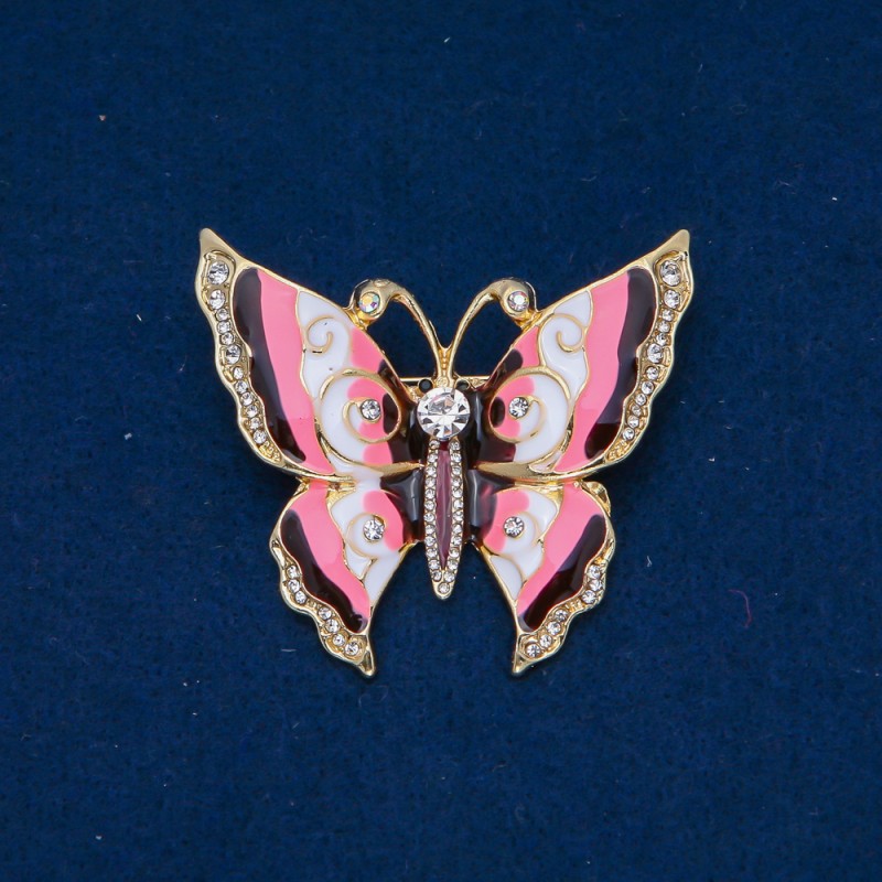 Discount! Butterfly Brooch in gold-toned metal, enamel, white crystals 46x52mm +
