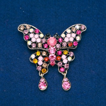 Sale! Butterfly Brooch in Gold-Toned Metal, Multicolored Rhinestones, 48x60mm +