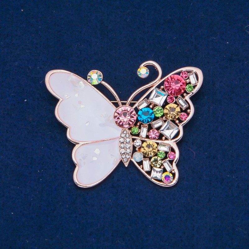 Discount! Butterfly Brooch in golden metal, enamel, multicolored rhinestones 47x58mm +