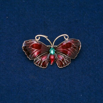 Sale! Butterfly Brooch in Gold-Tone Metal, Enamel, Green Rhinestone, 48x27mm +