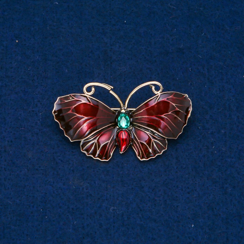 Sale! Butterfly Brooch in Gold-Tone Metal, Enamel, Green Rhinestone, 48x27mm +