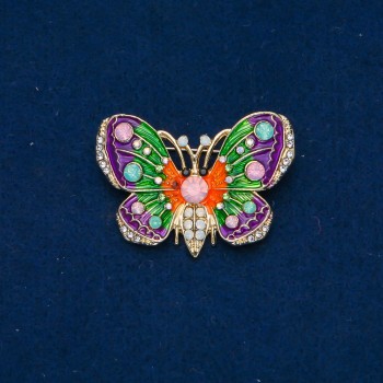Discount! Golden metal butterfly brooch, enamel, pink, green and white rhinestones 44x30mm +