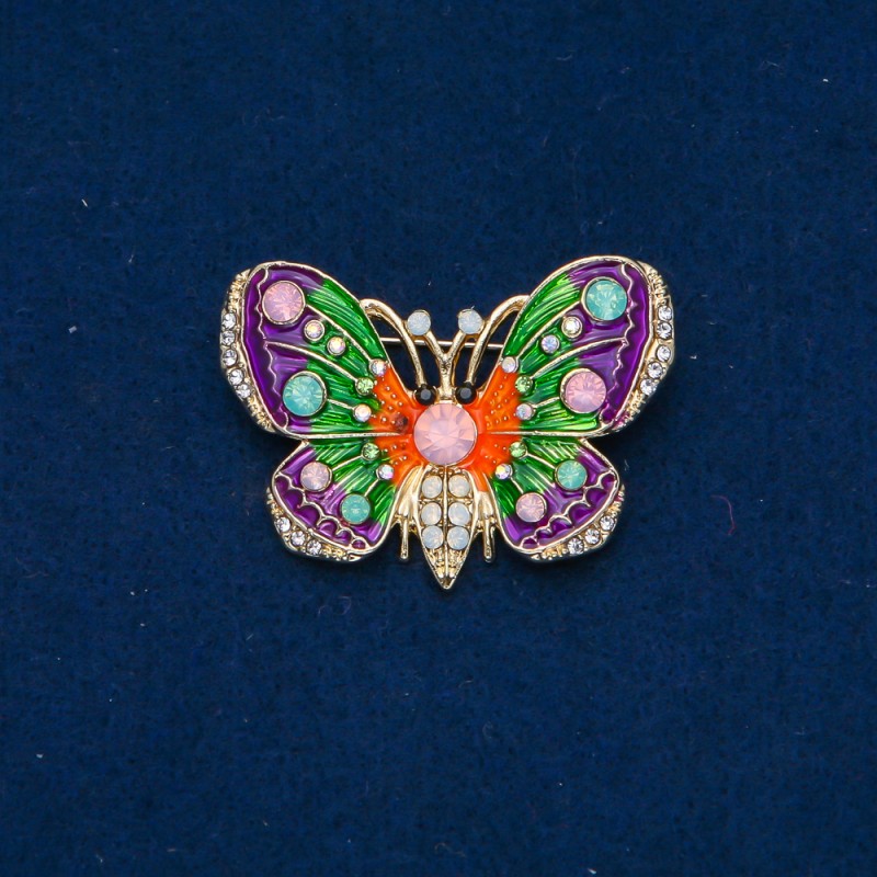 Discount! Golden metal butterfly brooch, enamel, pink, green and white rhinestones 44x30mm +