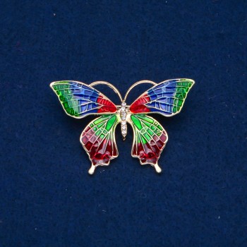 Sale! Butterfly Brooch, gold-toned metal, enamel and white crystals 30×50 mm +