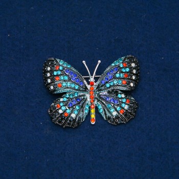 Sale! Butterfly Brooch in silver-colored metal with multicolored rhinestones, 35x50 mm +
