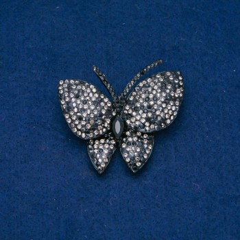 Discount! Butterfly Brooch, silver-toned metal, black and white crystals 44x48 mm +