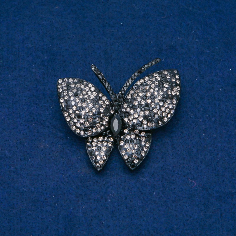 Discount! Butterfly Brooch, silver-toned metal, black and white crystals 44x48 mm +