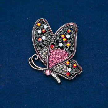 Discount! Gold-tone metal butterfly brooch with multicolored rhinestones, 50×60 mm +