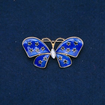 Discount! Butterfly Brooch in Gold-Tone Metal, Enamel, and White Rhinestone 48x24 mm +