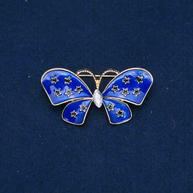 Discount! Butterfly Brooch in Gold-Tone Metal, Enamel, and White Rhinestone 48x24 mm +