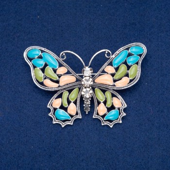 Discount! Silver-toned metal butterfly brooch, enamel and white crystals 48x70 mm +