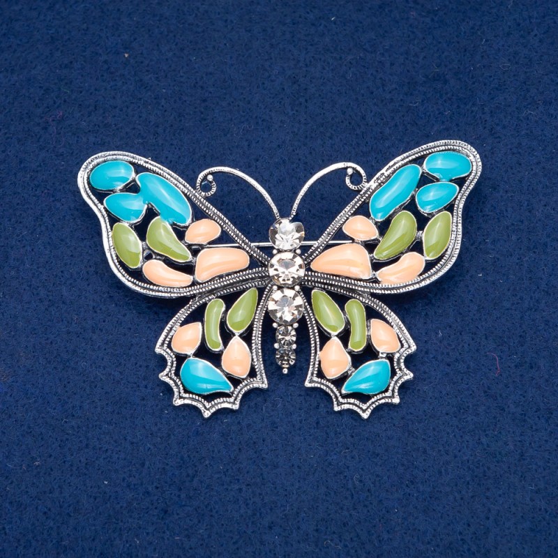Discount! Silver-toned metal butterfly brooch, enamel and white crystals 48x70 mm +