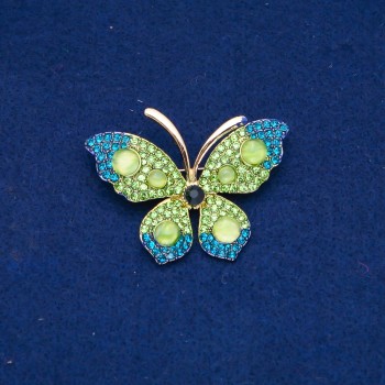 Discount! Butterfly Brooch with Gold-tone Metal, Green and Blue Rhinestones, Beads 34x50mm +