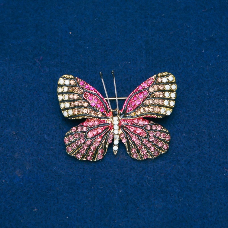 Discount! Gold-toned butterfly brooch with pink, gold-toned, and white crystals, 38×47 mm +