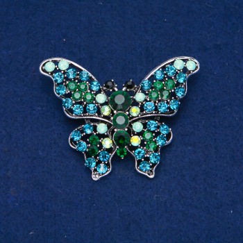 Discount! Butterfly Brooch in Golden-Tone Metal with Turquoise and Green Crystals 47x60 mm +