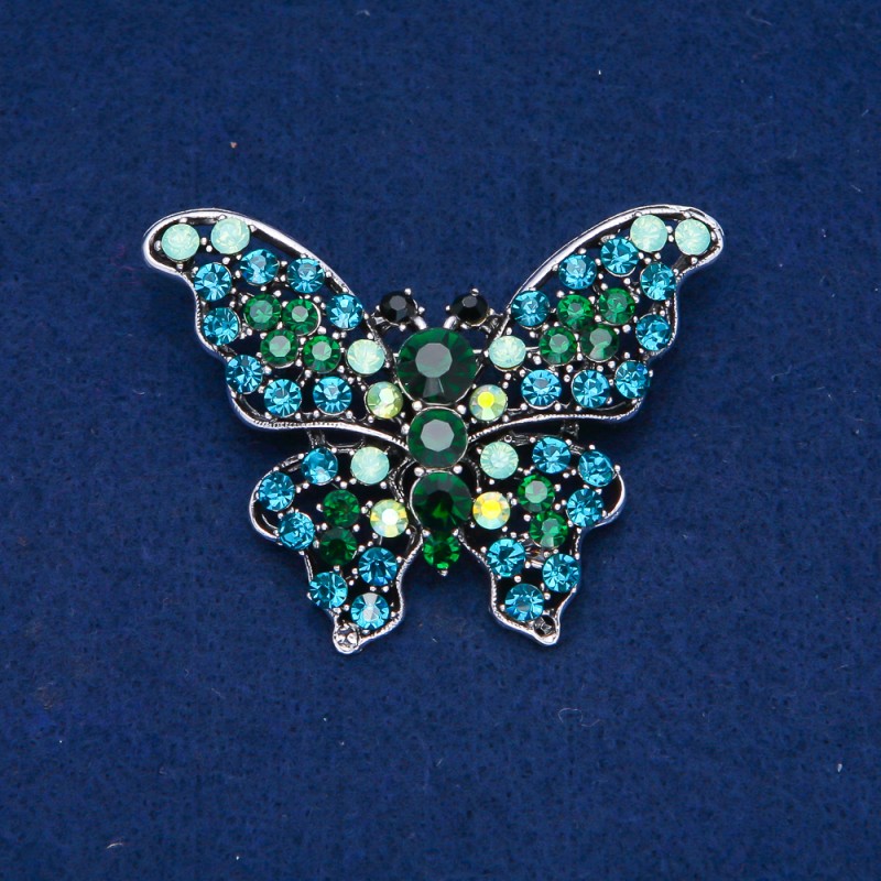 Discount! Butterfly Brooch in Golden-Tone Metal with Turquoise and Green Crystals 47x60 mm +