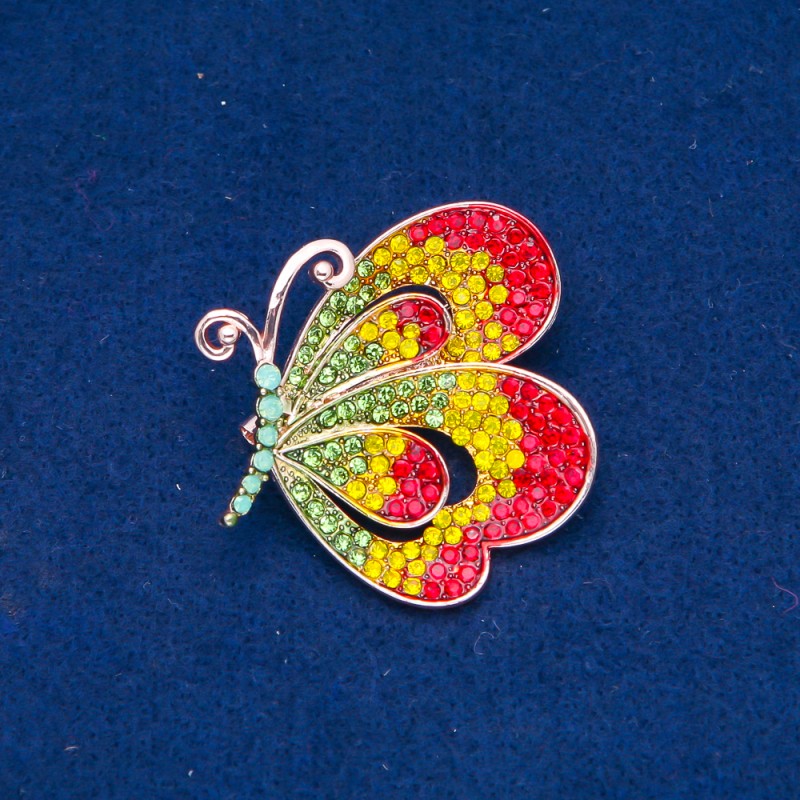 Discount! Butterflies Brooch in golden metal with green, yellow, and red crystals 43x43 mm +