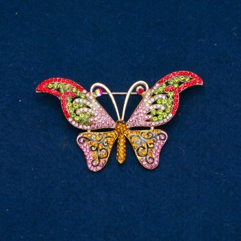 Sale! Butterflies Brooch with Gold-Toned Metal and Multicolored Rhinestones 64x37mm +