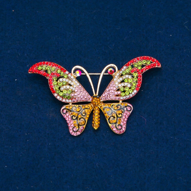Sale! Butterflies Brooch with Gold-Toned Metal and Multicolored Rhinestones 64x37mm +
