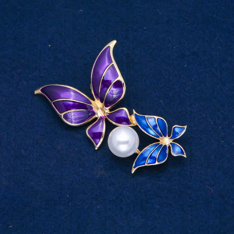 Sale! Butterflies Brooch with gold-tone metal, blue and purple enamel, white bead 65x38mm +