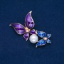 Sale! Butterflies Brooch with gold-tone metal, blue and purple enamel, white bead 65x38mm +