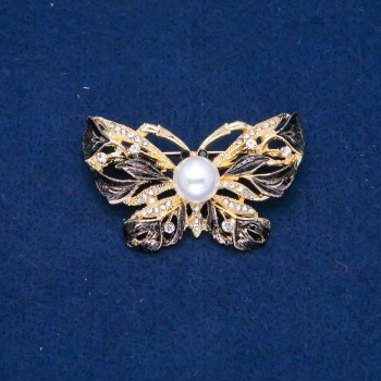 Butterfly Brooch in Gold-Toned Metal, Black Enamel, White Crystals and Pearl Bead, 46x30mm