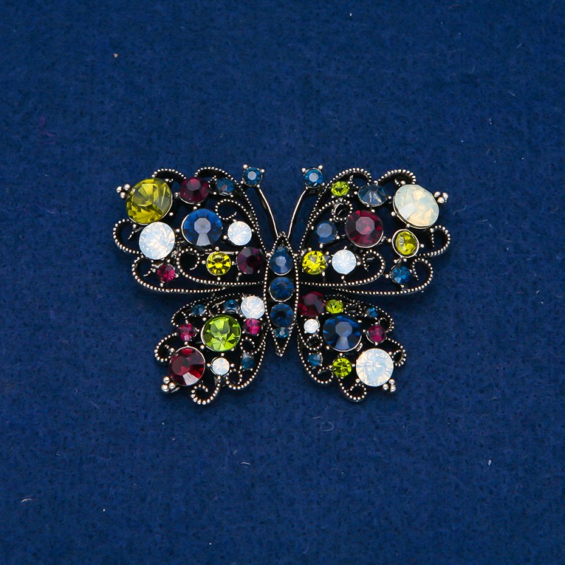 Discount! Butterfly Brooch dark-golden metal, white crystals 38x54 mm +