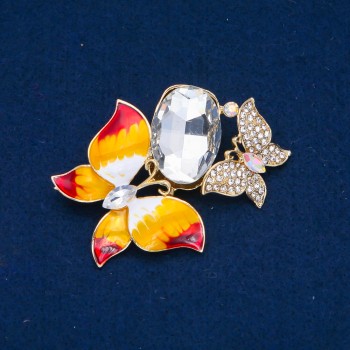 Discount! Butterfly Brooch in golden metal, white crystals, enamel, and a white crystal, 47x63 mm +