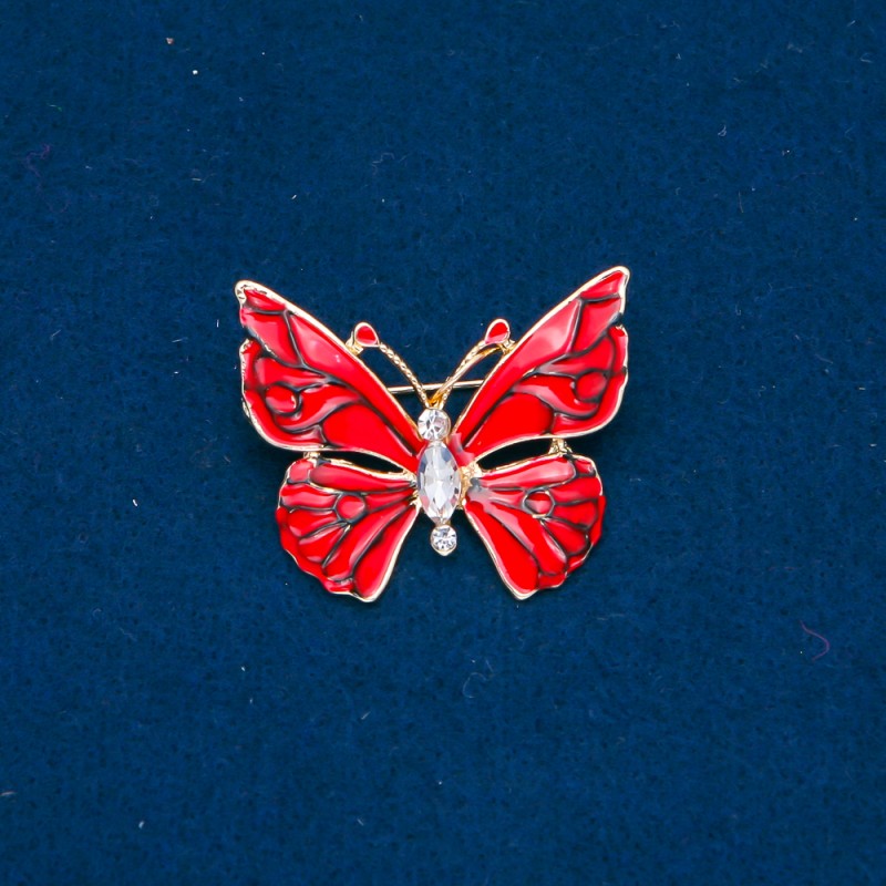 Sale! Golden Metal Butterfly Brooch, Red Enamel and White Crystals 32x37 mm +