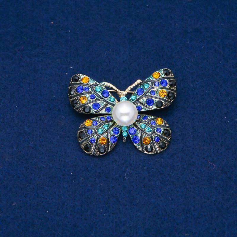 Discount! Butterfly Brooch with Golden Metal, Yellow, Blue, and Black Crystals and Bead 32x42mm +