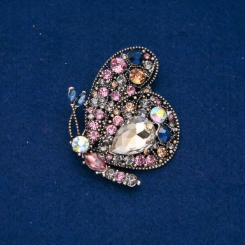 Discount! Butterfly Brooch in golden metal and multicolored rhinestones and crystals 43x48mm +