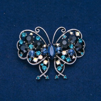 Discount! Butterfly Brooch in Silvery Metal, Blue, White Petrol, and Blue Crystals 61×48 mm +