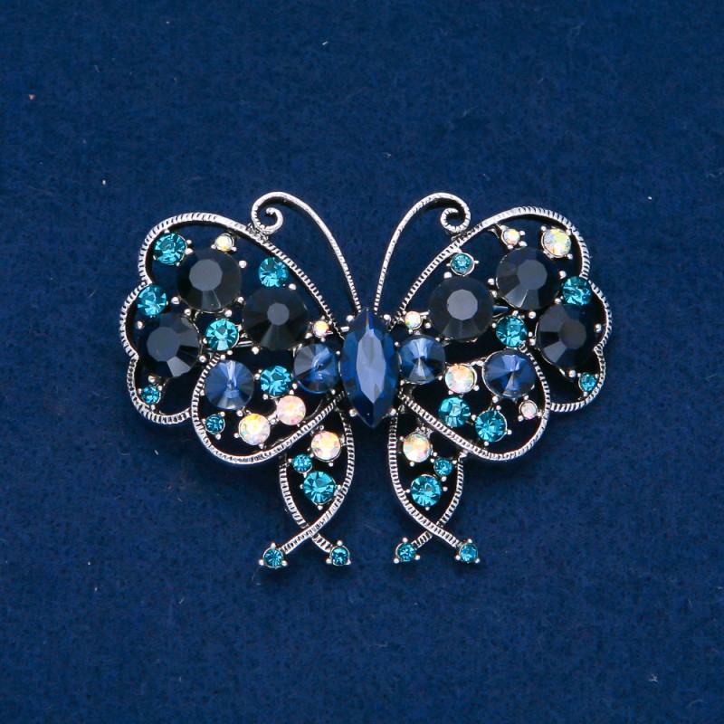 Discount! Butterfly Brooch in Silvery Metal, Blue, White Petrol, and Blue Crystals 61×48 mm +