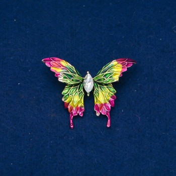 Discount! Butterfly Brooch in Gold-Toned Metal, Enamel, and White Crystal 38x50 mm +