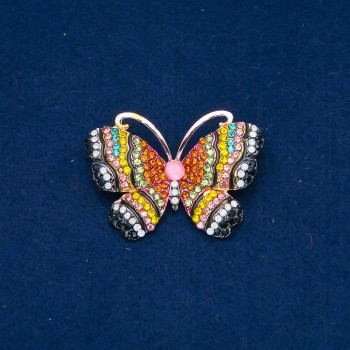 Discount! Butterfly Brooch in Gold-Tone Metal, Multicolored Rhinestones and a Bead, 34x45 mm +
