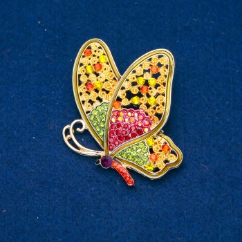 Discount! Butterfly Brooch in Golden Metal, Multicolored Rhinestones 58×52 mm +
