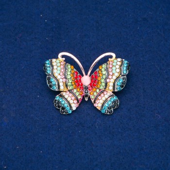 Discount! Butterfly Brooch with golden metal, multicolored crystals and bead 34x45mm +