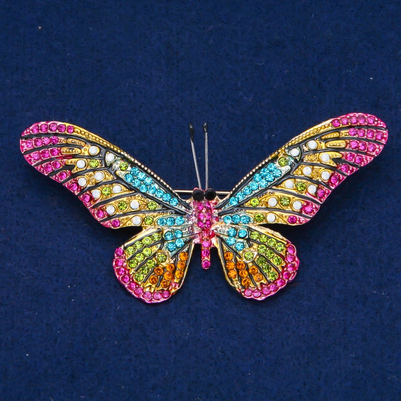 Butterfly Brooch in Gold-Toned Metal with Multicolored Rhinestones 42x82mm +
