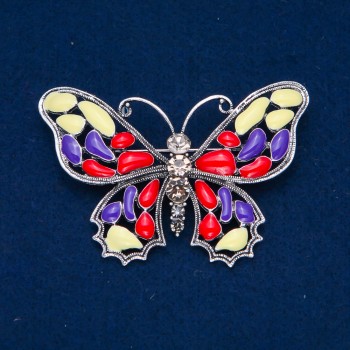 Sale! Butterfly Brooch in silver metal, enamel and white crystals 48x70 mm +