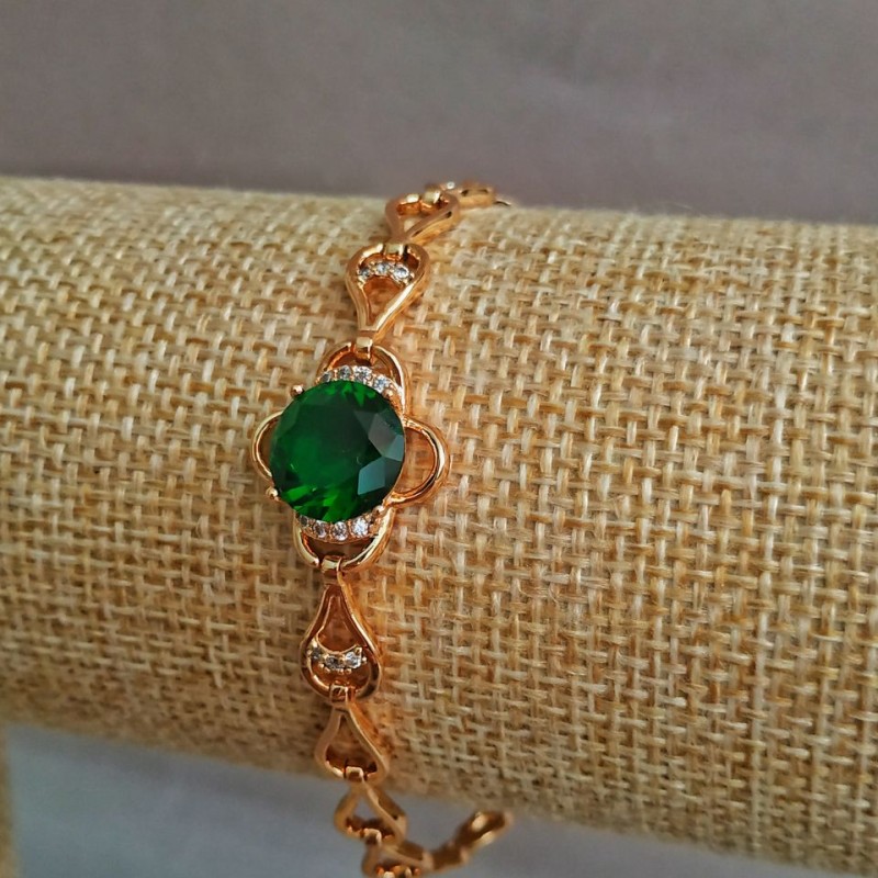 Xuping Bracelet, 18K Gold-Plated, with White Crystals and Green Crystal, Length 16–17 cm, Thickness 6 mm +