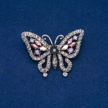 Discount! Butterfly Brooch in Gold-Toned Metal, Gray, Purple, Pink and Yellow Crystals 38x52mm +