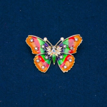 Sale! Butterfly Brooch, golden metal, enamel, and white petrol rhinestones 30x44mm +