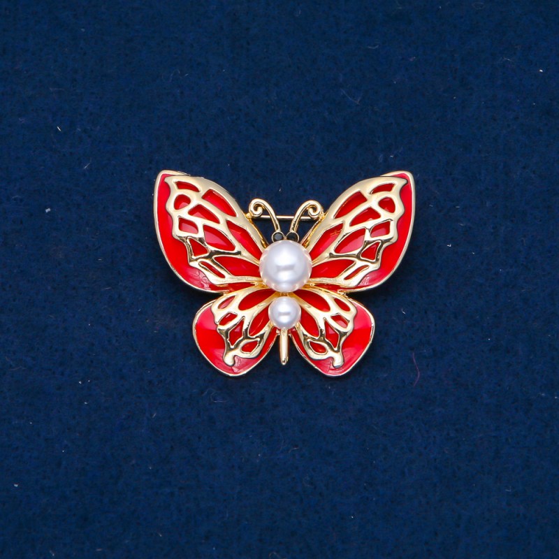 Sale! Butterfly Brooch in gold-toned metal, enamel and beads 30x40mm +