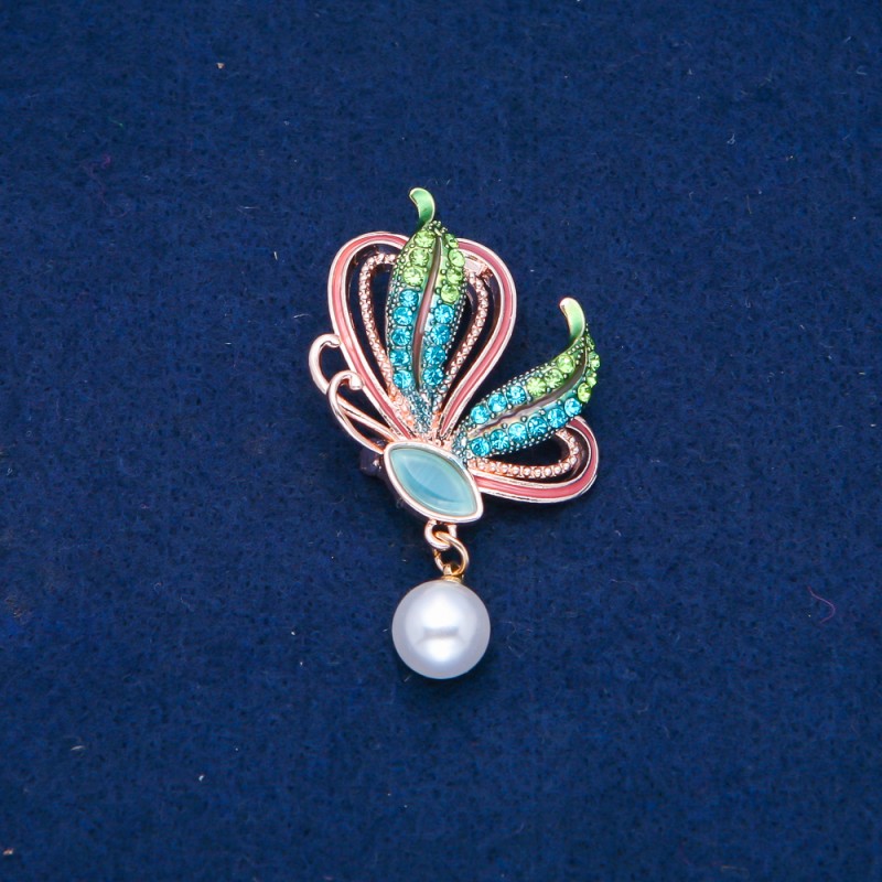 Discount! Butterfly Brooch in gold-toned metal, enamel, bead, and green and blue crystals 35x40mm +