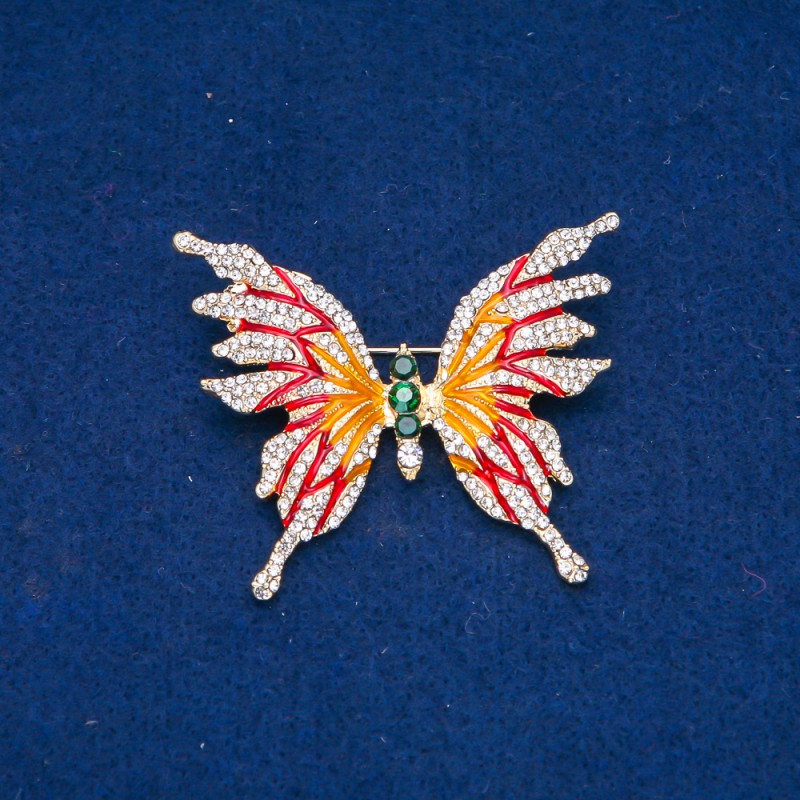 Sale! Butterfly Brooch in Golden Metal, Enamel and White and Green Crystals 42x50 mm +
