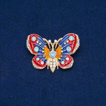 Discount! Butterfly Brooch with gold-toned metal, enamel and white, blue, lime green, and pink rhinestones 30x45mm +