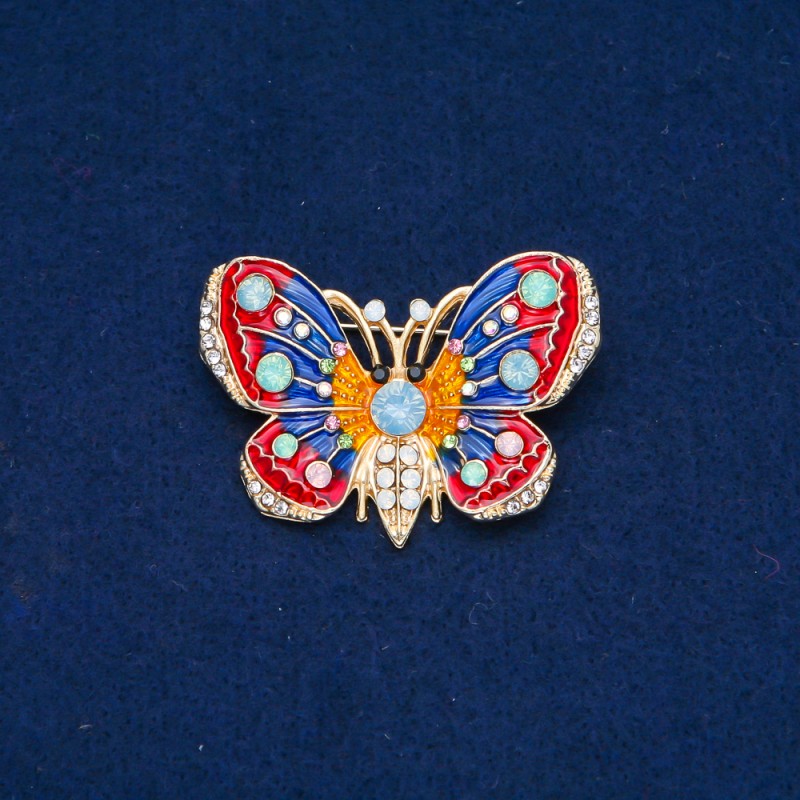 Discount! Butterfly Brooch with gold-toned metal, enamel and white, blue, lime green, and pink rhinestones 30x45mm +