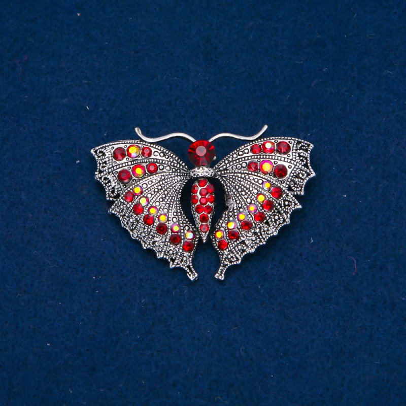 Sale! Butterfly Brooch in silver-colored metal, burgundy and petrol crystals 35x50 mm +