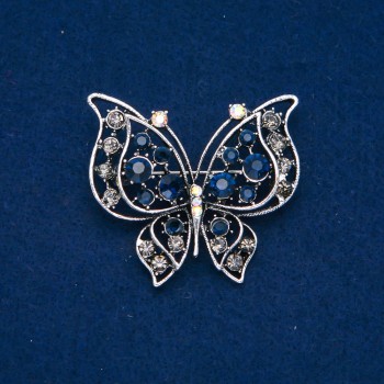 Sale! Butterfly Brooch in Silver Metal, BLUE, Gray, White, and Petrol Rhinestones 46x52 mm +