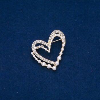 Discount! Heart Brooch with a golden finish, white crystals and beads 34x34mm +